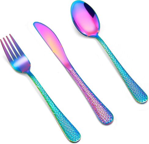 LIANYU 12PCS Rainbow Kids Silverware Set, Stainless Steel Toddler Utensils | Kids Knives, Kids Forks, Kids Spoons, Hammered Preschooler Metal Flatware Cutlery Set, Children Tableware, Dishwasher Safe in Kuwait