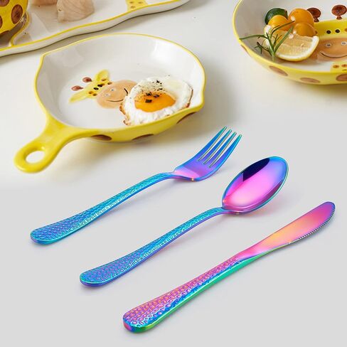 LIANYU 12PCS Rainbow Kids Silverware Set, Stainless Steel Toddler Utensils | Kids Knives, Kids Forks, Kids Spoons, Hammered Preschooler Metal Flatware Cutlery Set, Children Tableware, Dishwasher Safe in Kuwait