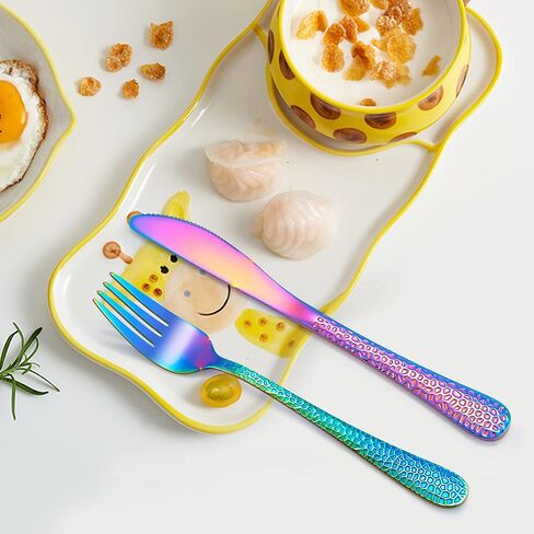 LIANYU 12PCS Rainbow Kids Silverware Set, Stainless Steel Toddler Utensils | Kids Knives, Kids Forks, Kids Spoons, Hammered Preschooler Metal Flatware Cutlery Set, Children Tableware, Dishwasher Safe in Kuwait