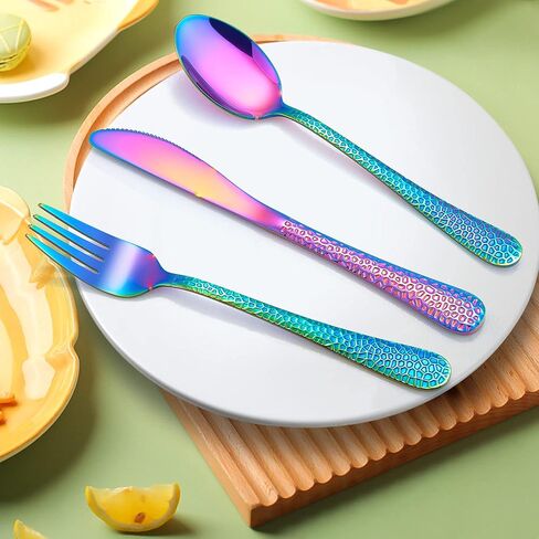 LIANYU 12PCS Rainbow Kids Silverware Set, Stainless Steel Toddler Utensils | Kids Knives, Kids Forks, Kids Spoons, Hammered Preschooler Metal Flatware Cutlery Set, Children Tableware, Dishwasher Safe in Kuwait