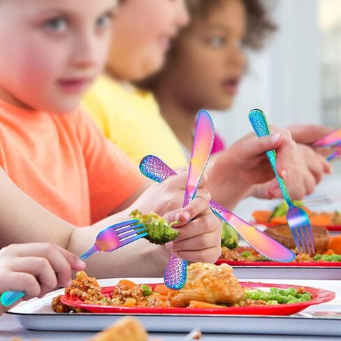 LIANYU 12PCS Rainbow Kids Silverware Set, Stainless Steel Toddler Utensils | Kids Knives, Kids Forks, Kids Spoons, Hammered Preschooler Metal Flatware Cutlery Set, Children Tableware, Dishwasher Safe in Kuwait