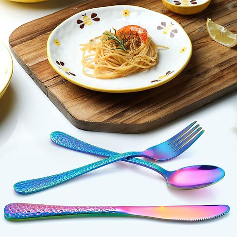 LIANYU 12PCS Rainbow Kids Silverware Set, Stainless Steel Toddler Utensils | Kids Knives, Kids Forks, Kids Spoons, Hammered Preschooler Metal Flatware Cutlery Set, Children Tableware, Dishwasher Safe in Kuwait