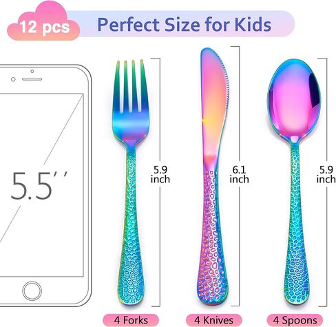 LIANYU 12PCS Rainbow Kids Silverware Set, Stainless Steel Toddler Utensils | Kids Knives, Kids Forks, Kids Spoons, Hammered Preschooler Metal Flatware Cutlery Set, Children Tableware, Dishwasher Safe in Kuwait