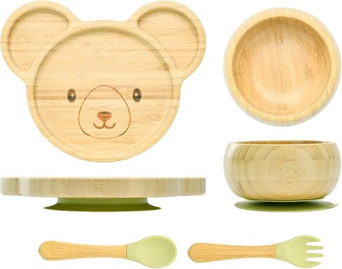 Bamboo Suction Plates Bowls Setfor Baby Toddler Divided Platter Food bowl with Silicone Fork & Spoon All-Natural Baby Feeding Set, Kids Feeding Essentials in Kuwait
