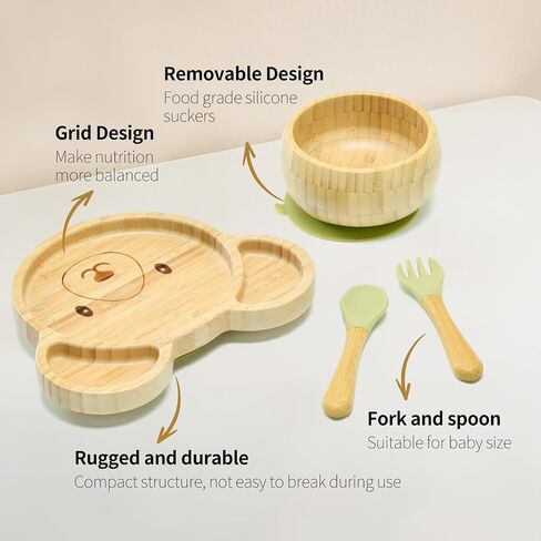 Bamboo Suction Plates Bowls Setfor Baby Toddler Divided Platter Food bowl with Silicone Fork & Spoon All-Natural Baby Feeding Set, Kids Feeding Essentials in Kuwait