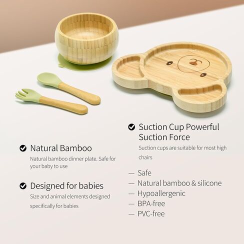 Bamboo Suction Plates Bowls Setfor Baby Toddler Divided Platter Food bowl with Silicone Fork & Spoon All-Natural Baby Feeding Set, Kids Feeding Essentials in Kuwait