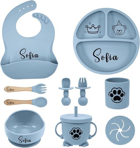 Personalized Silicone Baby Feeding Set, 10PCS Baby Led Weaning Supplies Gift with Suction Plate & Bowl, Adjustable Bib, Snack & Straw Cup, Toddler Utensils for Self Feeding Babies (Blue) in Kuwait