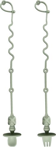 4PK Baby Spoon and Fork with Holder Straps for Kids Aged 6+ Months Self Feeding, No Throw Toddler Travel Essential Leash for High Chair or Bib or Wrist, Silicone Baby Led Weaning Supplies-Green/Green in Kuwait