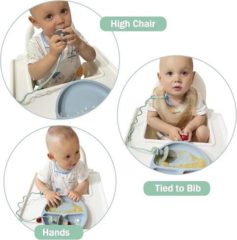 4PK Baby Spoon and Fork with Holder Straps for Kids Aged 6+ Months Self Feeding, No Throw Toddler Travel Essential Leash for High Chair or Bib or Wrist, Silicone Baby Led Weaning Supplies-Green/Green in Kuwait