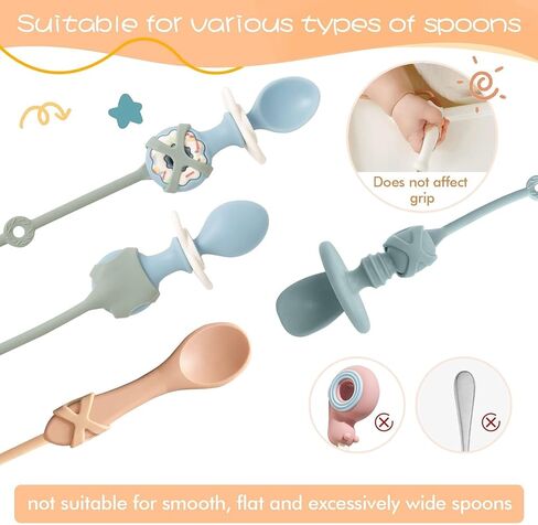 4PK Baby Spoon and Fork with Holder Straps for Kids Aged 6+ Months Self Feeding, No Throw Toddler Travel Essential Leash for High Chair or Bib or Wrist, Silicone Baby Led Weaning Supplies-Green/Green in Kuwait