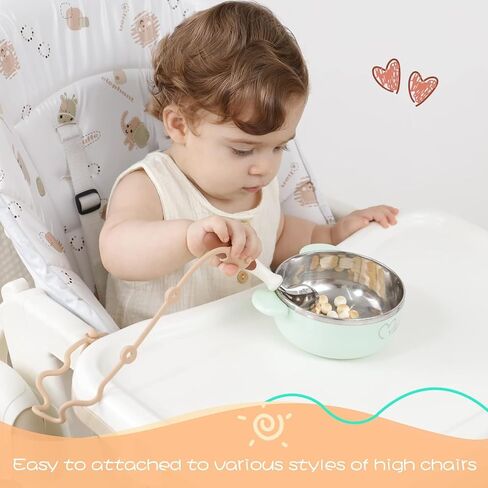 4PK Baby Spoon and Fork with Holder Straps for Kids Aged 6+ Months Self Feeding, No Throw Toddler Travel Essential Leash for High Chair or Bib or Wrist, Silicone Baby Led Weaning Supplies-Green/Green in Kuwait