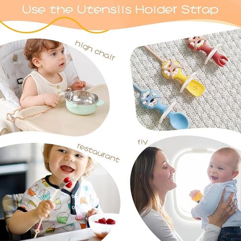 4PK Baby Spoon and Fork with Holder Straps for Kids Aged 6+ Months Self Feeding, No Throw Toddler Travel Essential Leash for High Chair or Bib or Wrist, Silicone Baby Led Weaning Supplies-Green/Green in Kuwait