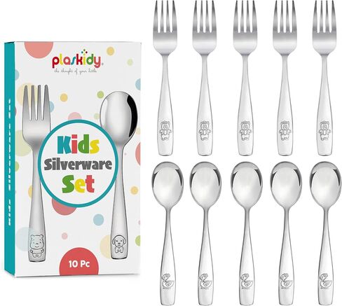 PLASKIDY Kids Silverware Stainless Steel Set of 10 Toddler Utensils Forks and Spoons - Dishwasher Safe Kids Flatware Set Children's Safe Cutlery Set in Kuwait