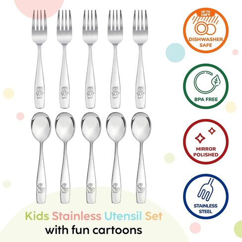 PLASKIDY Kids Silverware Stainless Steel Set of 10 Toddler Utensils Forks and Spoons - Dishwasher Safe Kids Flatware Set Children's Safe Cutlery Set in Kuwait