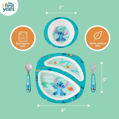 The First Years Disney Stitch Toddler Dinnerware Set - Officially Licensed 4-Piece Feeding Set with Bowl, Plate, Fork, and Spoon - Dishwasher Safe Toddler Feeding Supplies - Ages 9 Months and Up in Kuwait