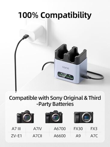 llano NP-FZ100 Battery Fast Charger 2-Slot 20W A6700 Battery Charger | for Sony Camera A7III, A7IV, A6700, FX3, FX30, A9, A7CII, A7RV, A7RIII, A6600, ZV-E1,ZV-E10II,RX10 V,FX2 ,LED, CNC Aluminum in Kuwait