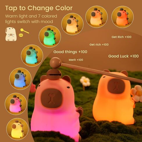 Capybara Night Light, Nursery Lamp, 7-Color RGB & 3-Level Warm Dimmable, Tap Control, 30Min Timer, 100% Safe &Soft Silicone, Adorable, Soothing Ambiance, Gift for Kids, Zen, Wooden Fish in Kuwait