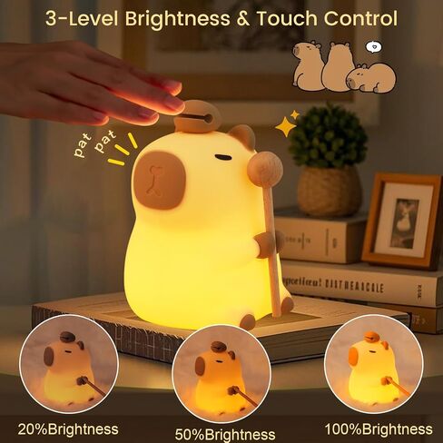 Capybara Night Light, Nursery Lamp, 7-Color RGB & 3-Level Warm Dimmable, Tap Control, 30Min Timer, 100% Safe &Soft Silicone, Adorable, Soothing Ambiance, Gift for Kids, Zen, Wooden Fish in Kuwait