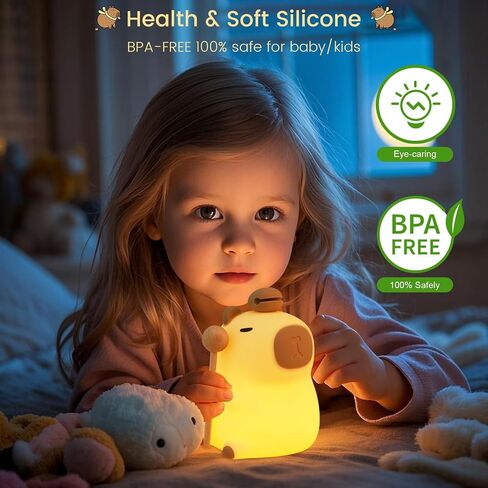 Capybara Night Light, Nursery Lamp, 7-Color RGB & 3-Level Warm Dimmable, Tap Control, 30Min Timer, 100% Safe &Soft Silicone, Adorable, Soothing Ambiance, Gift for Kids, Zen, Wooden Fish in Kuwait
