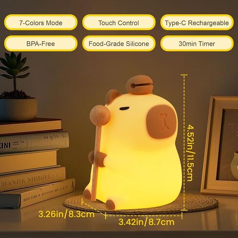 Capybara Night Light, Nursery Lamp, 7-Color RGB & 3-Level Warm Dimmable, Tap Control, 30Min Timer, 100% Safe &Soft Silicone, Adorable, Soothing Ambiance, Gift for Kids, Zen, Wooden Fish in Kuwait