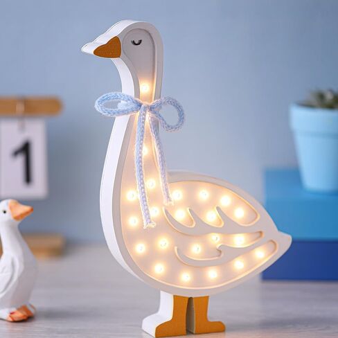 Rustic Silly Goose Night Light Blue Bow Wooden Silly Goose Table Lamp Battery Powered Gooses Night Light for Baby Shower Baby Kids Gift Bedroom Nursery Decor in Kuwait