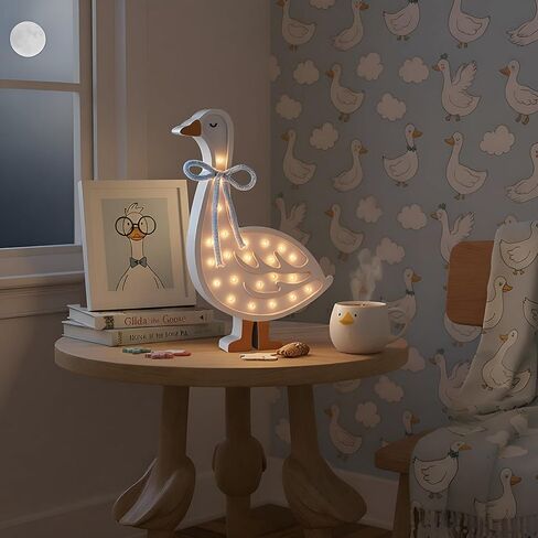 Rustic Silly Goose Night Light Blue Bow Wooden Silly Goose Table Lamp Battery Powered Gooses Night Light for Baby Shower Baby Kids Gift Bedroom Nursery Decor in Kuwait