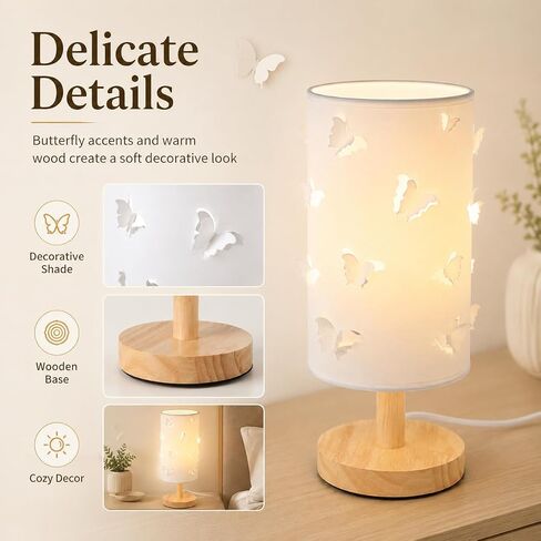 Dimmable Butterfly Lamp for Kids Room, Wood Bedside Lights,Kids Lamp | Openwork silhouette fabric lampshade In-line push button switch In-line push button switch 3 color temperatures adjustable in Kuwait