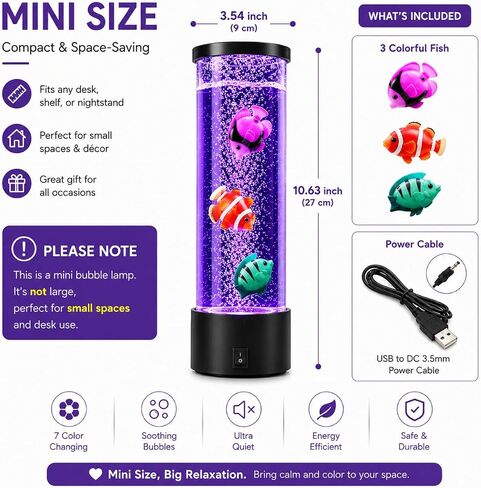 Mini Bubble Fish Lamp, Jellyfish Lamp with Color Changing LED Lights,Mood Lamp for Bedroom, Gaming Room & Office Desk, Relaxing Ambient Night Light with Artificial Tropical Fish for Home Decor in Kuwait