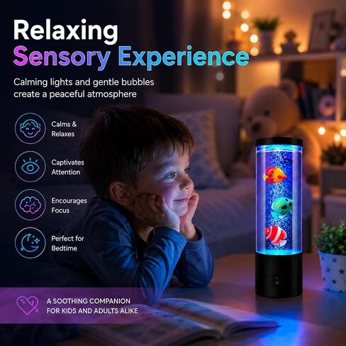 Mini Bubble Fish Lamp, Jellyfish Lamp with Color Changing LED Lights,Mood Lamp for Bedroom, Gaming Room & Office Desk, Relaxing Ambient Night Light with Artificial Tropical Fish for Home Decor in Kuwait