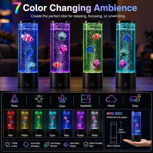 Mini Bubble Fish Lamp, Jellyfish Lamp with Color Changing LED Lights,Mood Lamp for Bedroom, Gaming Room & Office Desk, Relaxing Ambient Night Light with Artificial Tropical Fish for Home Decor in Kuwait