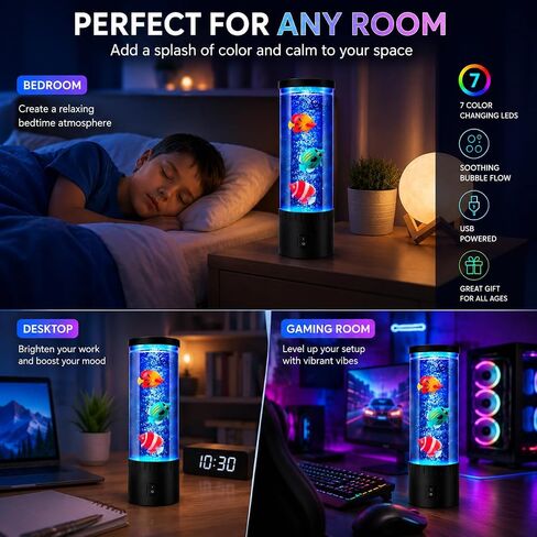 Mini Bubble Fish Lamp, Jellyfish Lamp with Color Changing LED Lights,Mood Lamp for Bedroom, Gaming Room & Office Desk, Relaxing Ambient Night Light with Artificial Tropical Fish for Home Decor in Kuwait