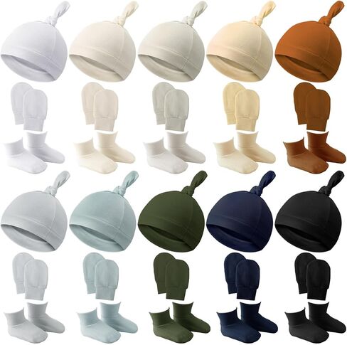 Toulite 10 Set Newborn Baby Socks Hat and Mittens Soft Ankle Sock Newborn Beanie Mitten for Boys Girls 0-6 Month Infant in Kuwait