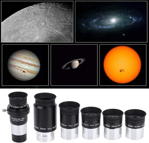 2X Barlow Lens with Plossl Eyepiece Set, 6.3mm 10mm 12.5mm 20mm 32mm Telescope Eyepieces, 1.25 Inch Universal for Orion, M42 Thread for DSLR Camera in Kuwait
