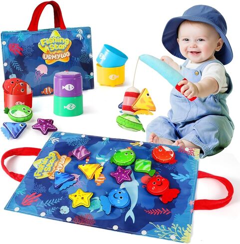 Montessori Toys for 1 Year Old Boy Girl Birthday Gift, 17 in 1 Cloth Fishing Game with Stacking Cups, Color Sorting, Shape Matching, Early Learning, Toddler Toys Gifts for 1 2 Years Old Boy Girl in Kuwait