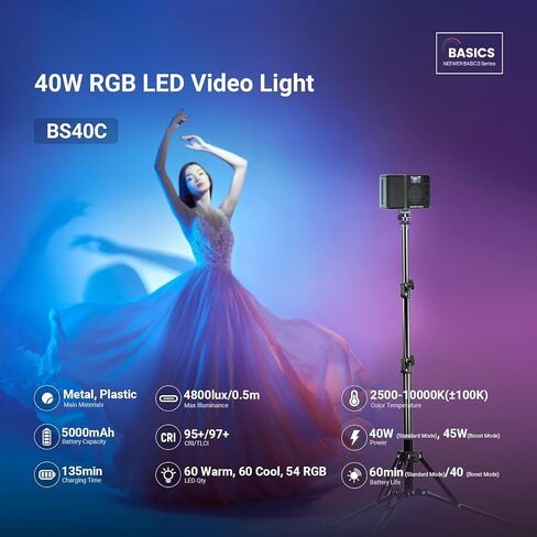 NEEWER BASICS BS40C Full RGB Magnetic Camera Video Light, 45W Boost Mode, Small LED Panel Lighting 4800lx/0.5m CRI95+ 2500-10000K 14 Scenes 5000mAh for DSLR Tripod Streaming Photography Vlog Recording in Kuwait