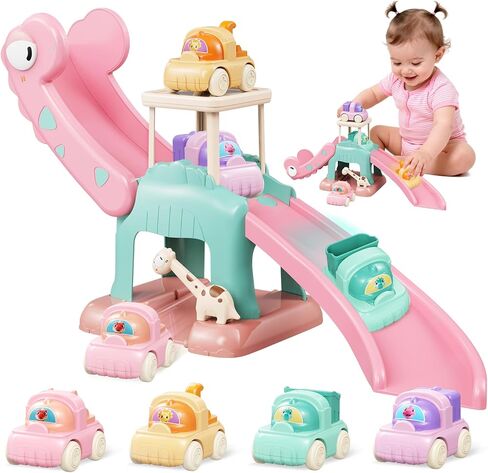 Dinosaur Slide for Toddlers 1-3, Car Ramp Race Track with 4 Push Cars, Pink | Battery-free indoor ramp with giraffe gate, seesaw & parking platform — screen-free birthday gift for boys & girls 1-3 in Kuwait