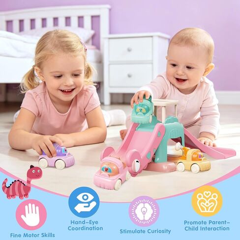 Dinosaur Slide for Toddlers 1-3, Car Ramp Race Track with 4 Push Cars, Pink | Battery-free indoor ramp with giraffe gate, seesaw & parking platform — screen-free birthday gift for boys & girls 1-3 in Kuwait