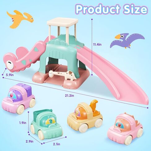 Dinosaur Slide for Toddlers 1-3, Car Ramp Race Track with 4 Push Cars, Pink | Battery-free indoor ramp with giraffe gate, seesaw & parking platform — screen-free birthday gift for boys & girls 1-3 in Kuwait