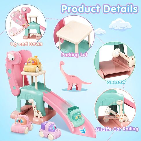 Dinosaur Slide for Toddlers 1-3, Car Ramp Race Track with 4 Push Cars, Pink | Battery-free indoor ramp with giraffe gate, seesaw & parking platform — screen-free birthday gift for boys & girls 1-3 in Kuwait