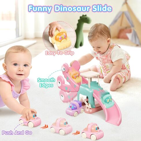 Dinosaur Slide for Toddlers 1-3, Car Ramp Race Track with 4 Push Cars, Pink | Battery-free indoor ramp with giraffe gate, seesaw & parking platform — screen-free birthday gift for boys & girls 1-3 in Kuwait