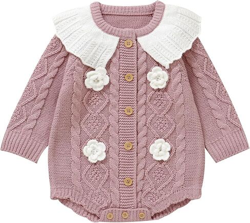 Spring/Fall Knit Cardigan Romper Floral Ruffled Collar Crawler for Baby Newborn Girls in Kuwait