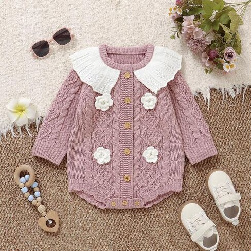 Spring/Fall Knit Cardigan Romper Floral Ruffled Collar Crawler for Baby Newborn Girls in Kuwait