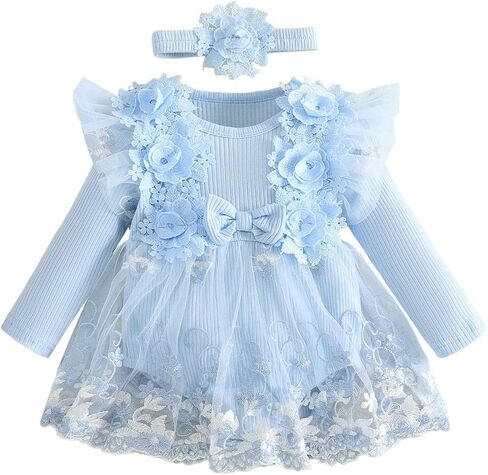 Douhoow Baby Girl Romper Dress Fress Embroidery Lace Flowers Baby Dress Romper Fall Winter Festival With Withbelder in Kuwait