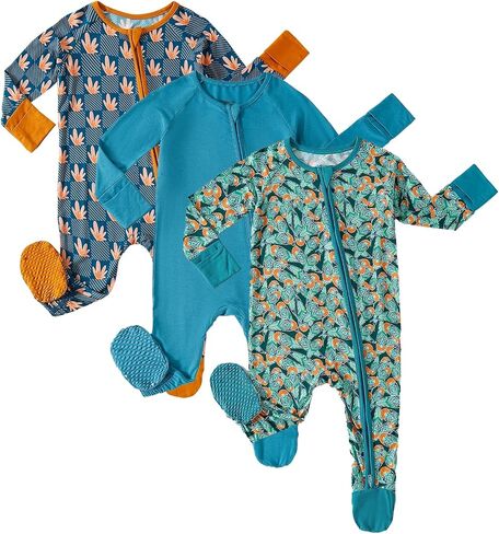 OPAWO Bamboo Sleepers for Baby Girl Pajamas Newborn Footie Pajamas 3 Pack | 2 way zipper sleepers, baby long sleeve onesies with mitten cuffs, anti-slip grips, gentle on skin, ultra soft and breathable in Kuwait