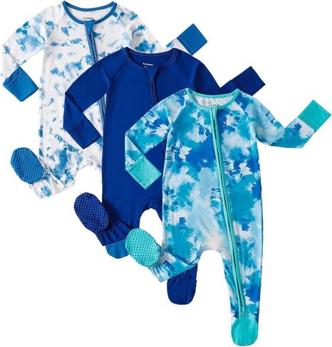 OPAWO Bamboo Sleepers for Baby Girl Pajamas Newborn Footie Pajamas 3 Pack | 2 way zipper sleepers, baby long sleeve onesies with mitten cuffs, anti-slip grips, gentle on skin, ultra soft and breathable in Kuwait