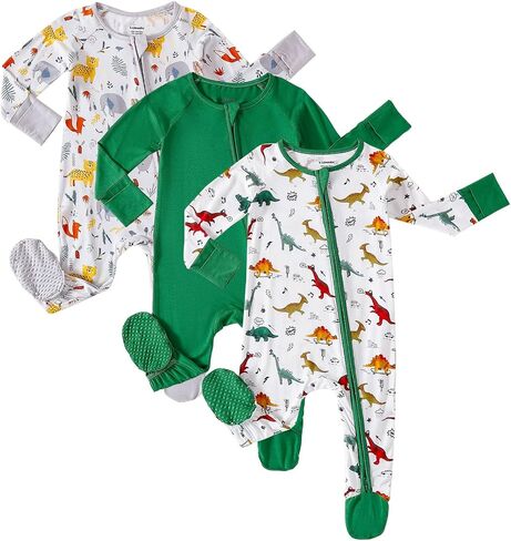OPAWO Bamboo Sleepers for Baby Girl Pajamas Newborn Footie Pajamas 3 Pack | 2 way zipper sleepers, baby long sleeve onesies with mitten cuffs, anti-slip grips, gentle on skin, ultra soft and breathable in Kuwait