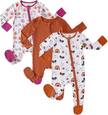 OPAWO Bamboo Sleepers for Baby Girl Pajamas Newborn Footie Pajamas 3 Pack | 2 way zipper sleepers, baby long sleeve onesies with mitten cuffs, anti-slip grips, gentle on skin, ultra soft and breathable in Kuwait