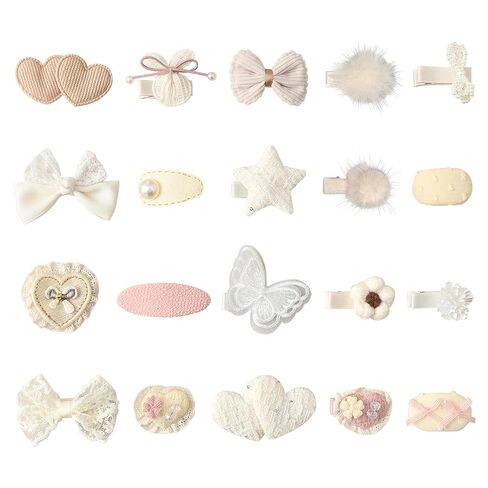 20-piece off-white children's hairpin set, featuring bowknot hair accessories for girls, with 2.4-inch fully wrapped anti-slip hairpins suitable for fine hair. Ideal for daily wear and as a gift in Kuwait