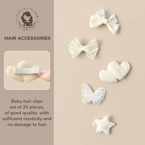 20-piece off-white children's hairpin set, featuring bowknot hair accessories for girls, with 2.4-inch fully wrapped anti-slip hairpins suitable for fine hair. Ideal for daily wear and as a gift in Kuwait