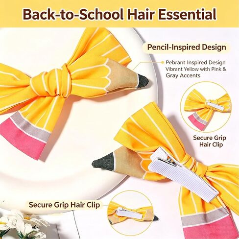 2PCS Back to School Pencil Hair Bows Clips for Girls Yellow Pencil Bow Alligator Clips Cute Hair Accessories for First Day of School Kindergarten Decoration Student Teacher Hairpins in Kuwait